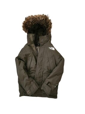 Boys The North Face Dark Olive Hooded Winter Jacket with Faux Fur Trim